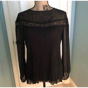 Zara Woman Black Pleated Lace Trim Sheer Long Sleeve Blouse Top Size Medium